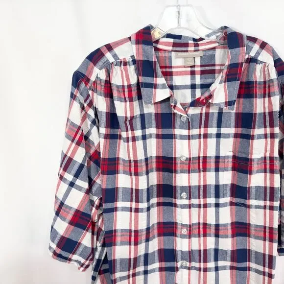 Woman Within Plus Size 3X Top 30W 32W Plaid Red Blue White Cotton Button Up 1578 - Picture 3 of 7